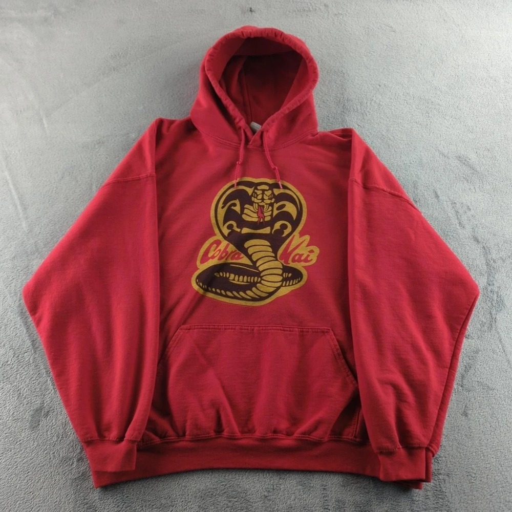 Gildan Heavy Blend Cobra Kai Hoodie Mens 2XL Red‎ Yellow Sweatshirt TV Show Logo